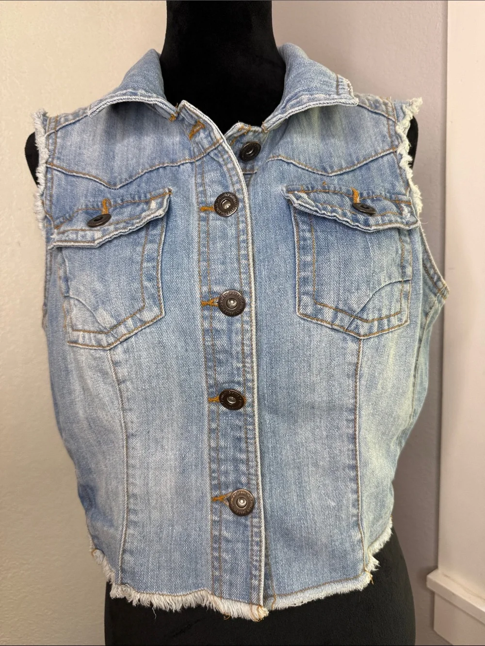 Highway Jeans Light Wash Cropped Frayed Denim Vest Y2K Western Festival size XL